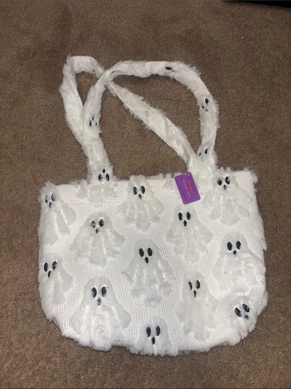 NWT Viral World Market White Ghost Pattern Faux Fur Tote Bag